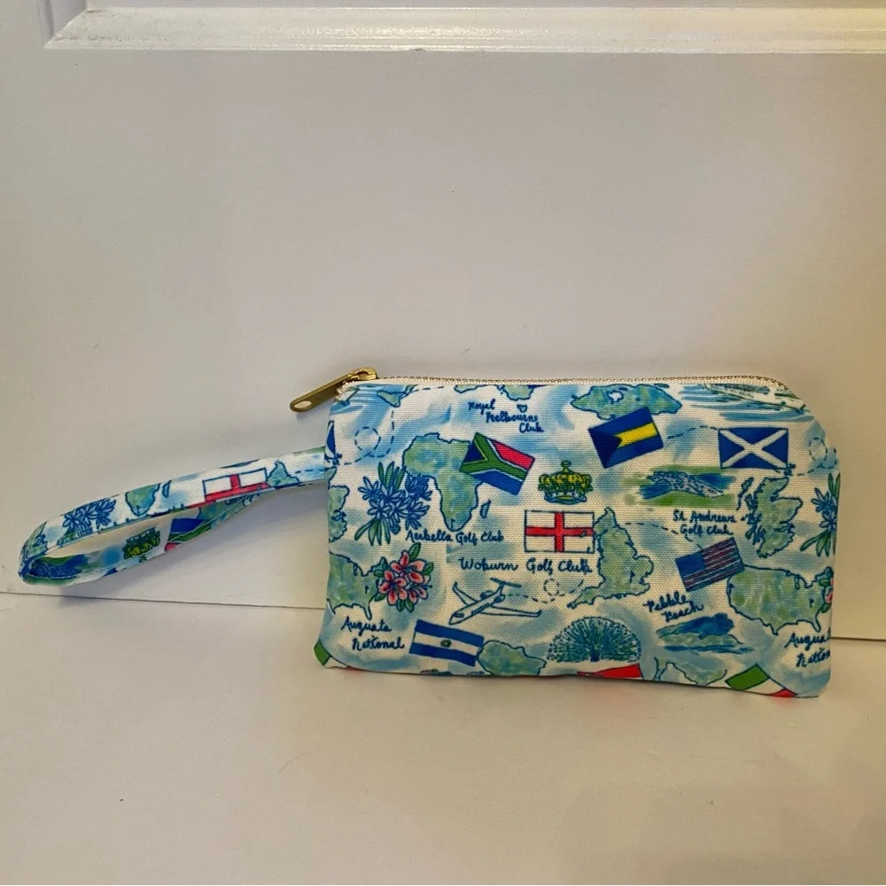KAELI SMITH BAG POUCH WRISTLET CLUTCH BLUE WHITE FABRIC GOLF CLUB THEME ZIP TOP
